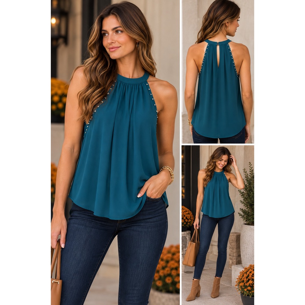 Pixley Taryan XS NWT Teal Green Studded Halter Blouse Keyhole Party Tank Top New